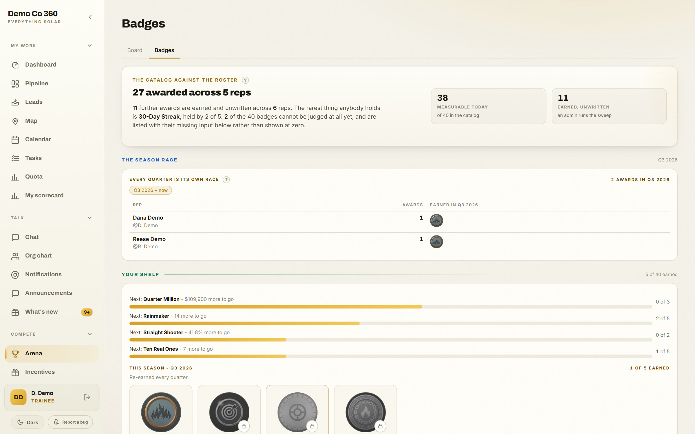 Solar 360 badges page with a catalog of badges and how rare each one is