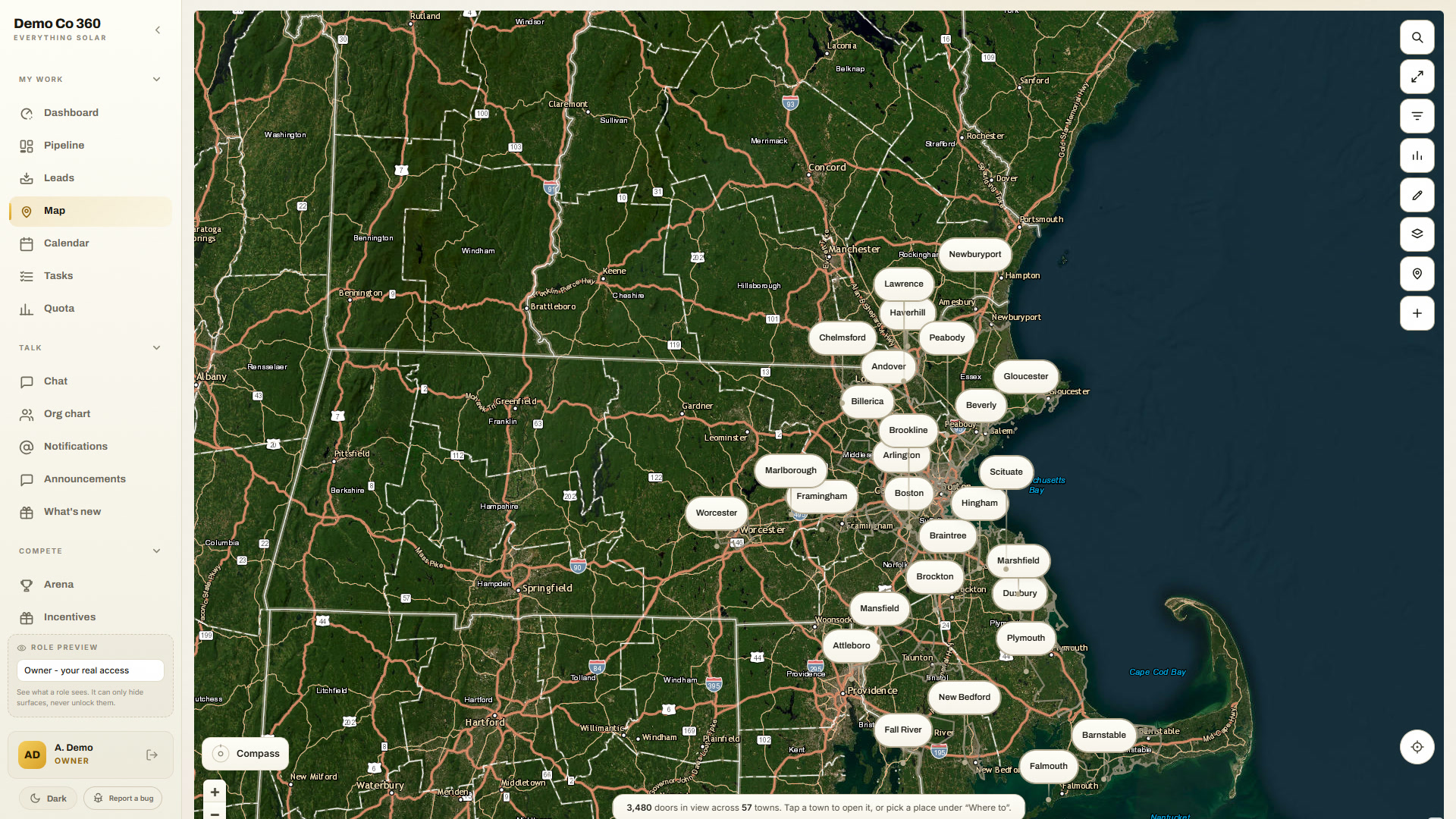 The Solar 360 map zoomed out to the whole state, every town the company works marked and tappable